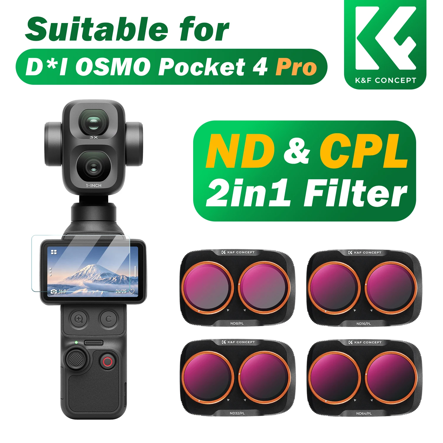 Zestawy filtrów K&F Concept 2w1 ND CPL do DJI OSMO Pocket 4 Pro, zestaw filtrów ND, filtr OSMO 4P, filtr dyfuzyjny Pocket 4P w kolorze czarnym — zdjęcie produktu 2