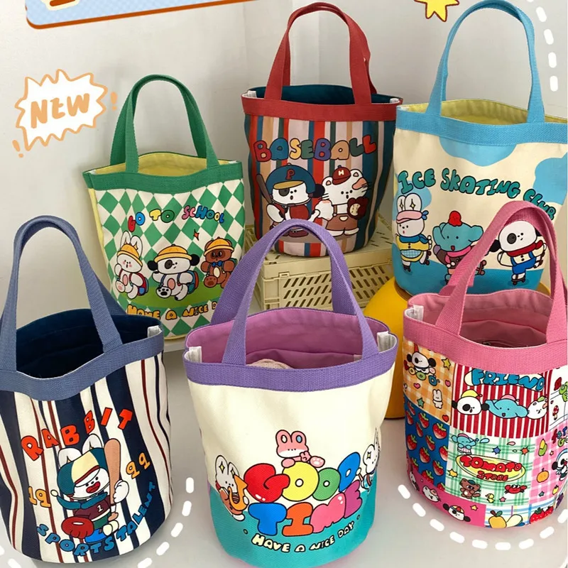 

Women Handbag Lovely Cartoon Printed Bucket Bag Portable Cylinder Bag Canvas Tote Bag Students Carry Lunch Bags for Girls
