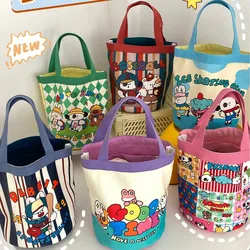 Women Handbag Lovely Cartoon Printed Bucket Bag Portable Cylinder Bag Canvas Tote Bag Students Carry Lunch Bags for Girls