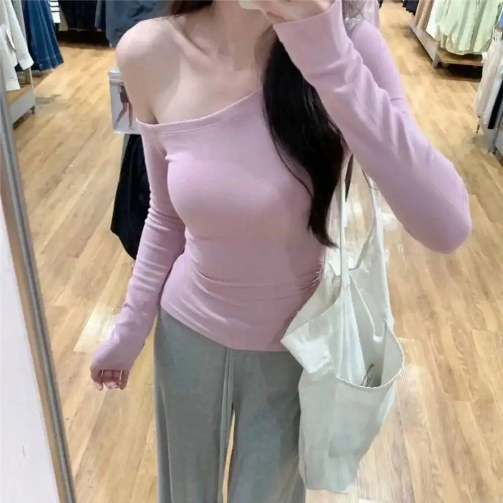 

BabYoung American Spice Girls в полоску с открытыми плечами, тонкая женская одежда с косым воротником и длинными рукавами, универсальная модная футболка Y2K