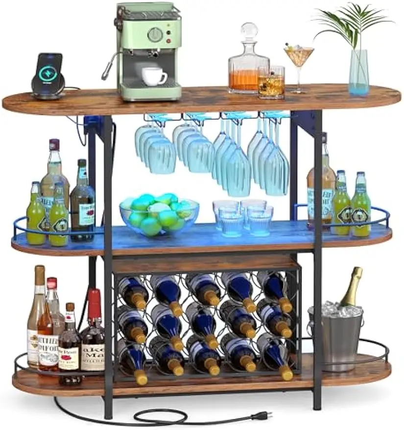 

Отдельно стоящий светодиодный барный шкаф с розетками, винной стойкой и держателем для стекла для кухни или столовой в деревенском коричневом цвете