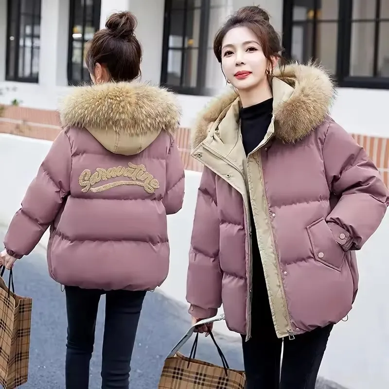 Winter Women's Big Fur Collar Down Cotton-padded Jacket Fashion Loose Hooded Short Outerwear Thicken Warm Parkas Female 2