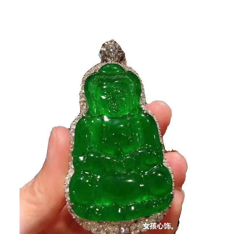 Ice-like Emperor of Pendant Inlaid Men's and Women's Natural Myanmar Green Goddess of Mercy Jade P