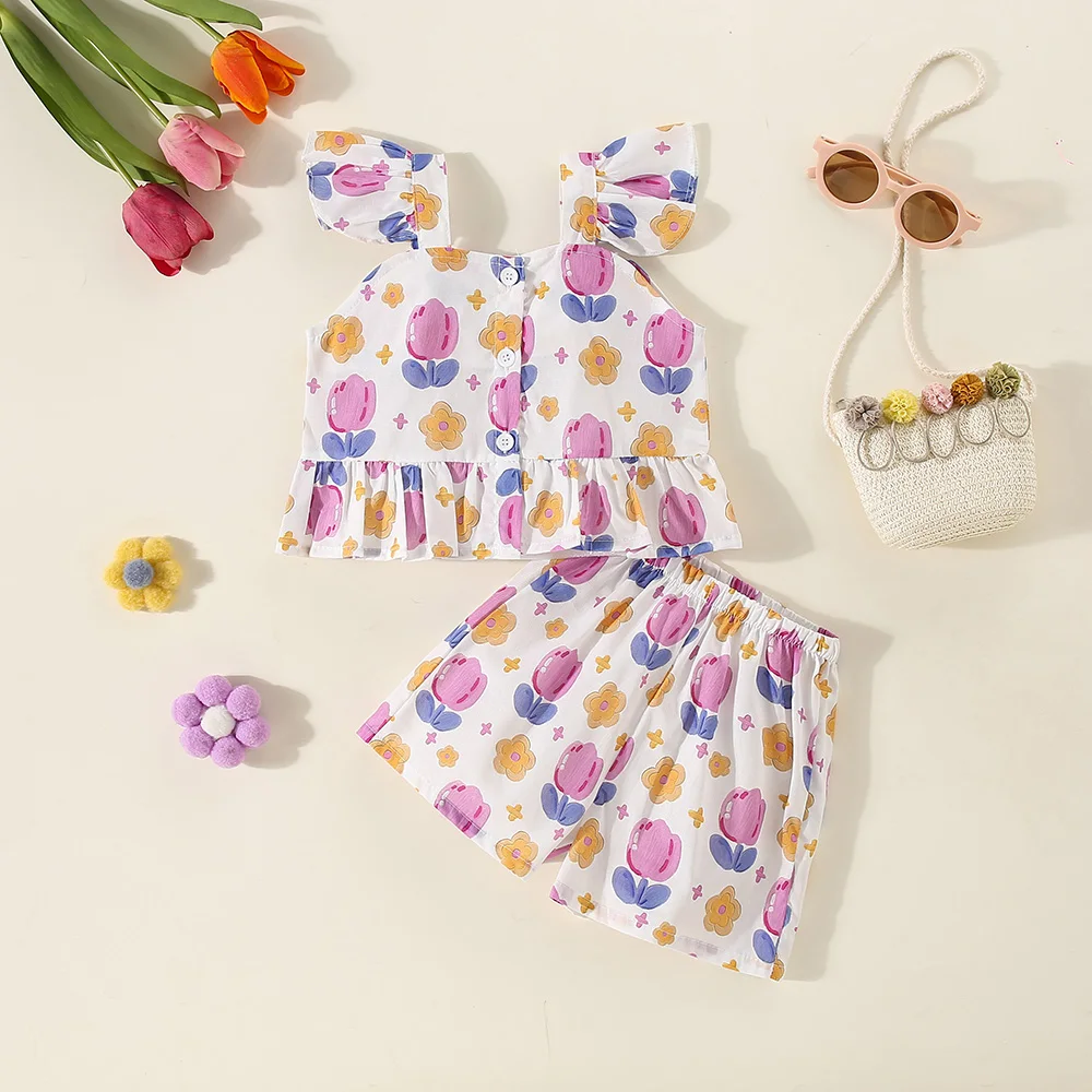 (0-3 Years Old) Summer Baby Girl Flower Small Flying Sleeve Top And Shorts Set Cute Beach Set For Girls