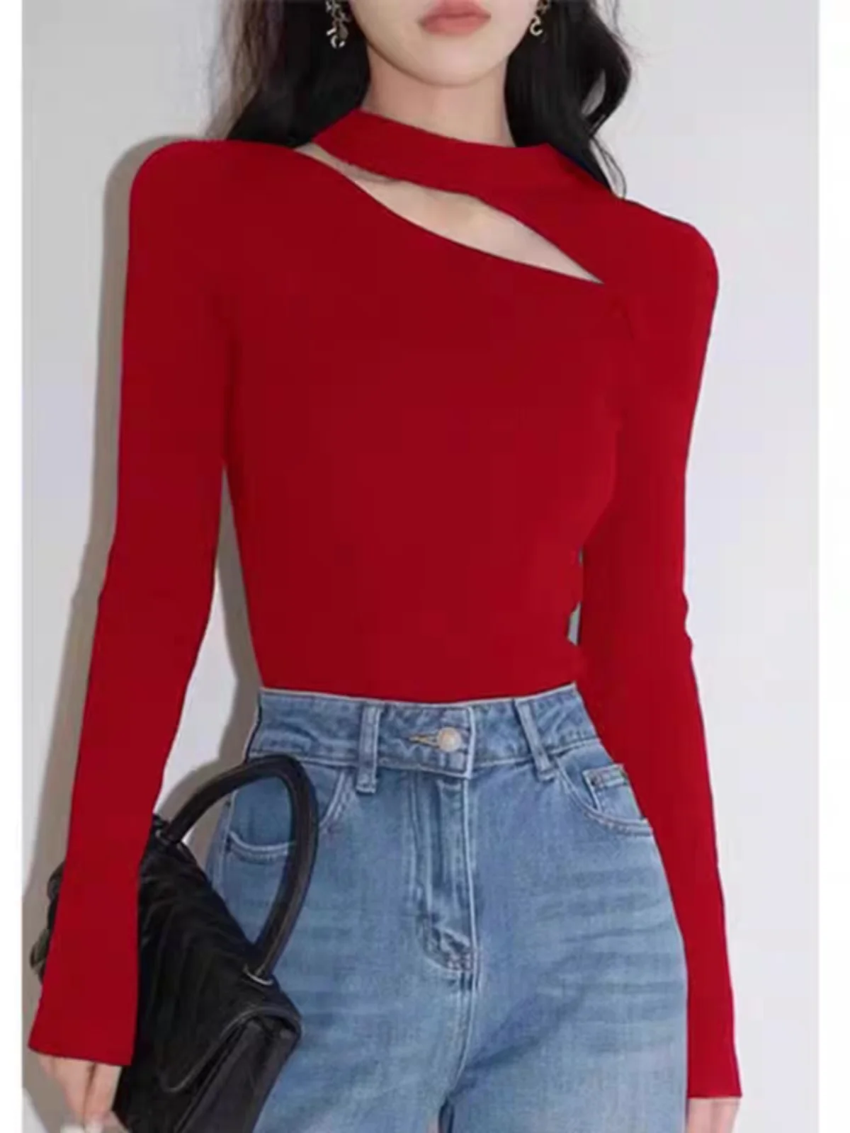 

Women's Hollow out Knitted Half High Collar Base Shirt Autumn Winter Suit Inner Wear Sweater Exposing Clavicle Neck Hanging N...