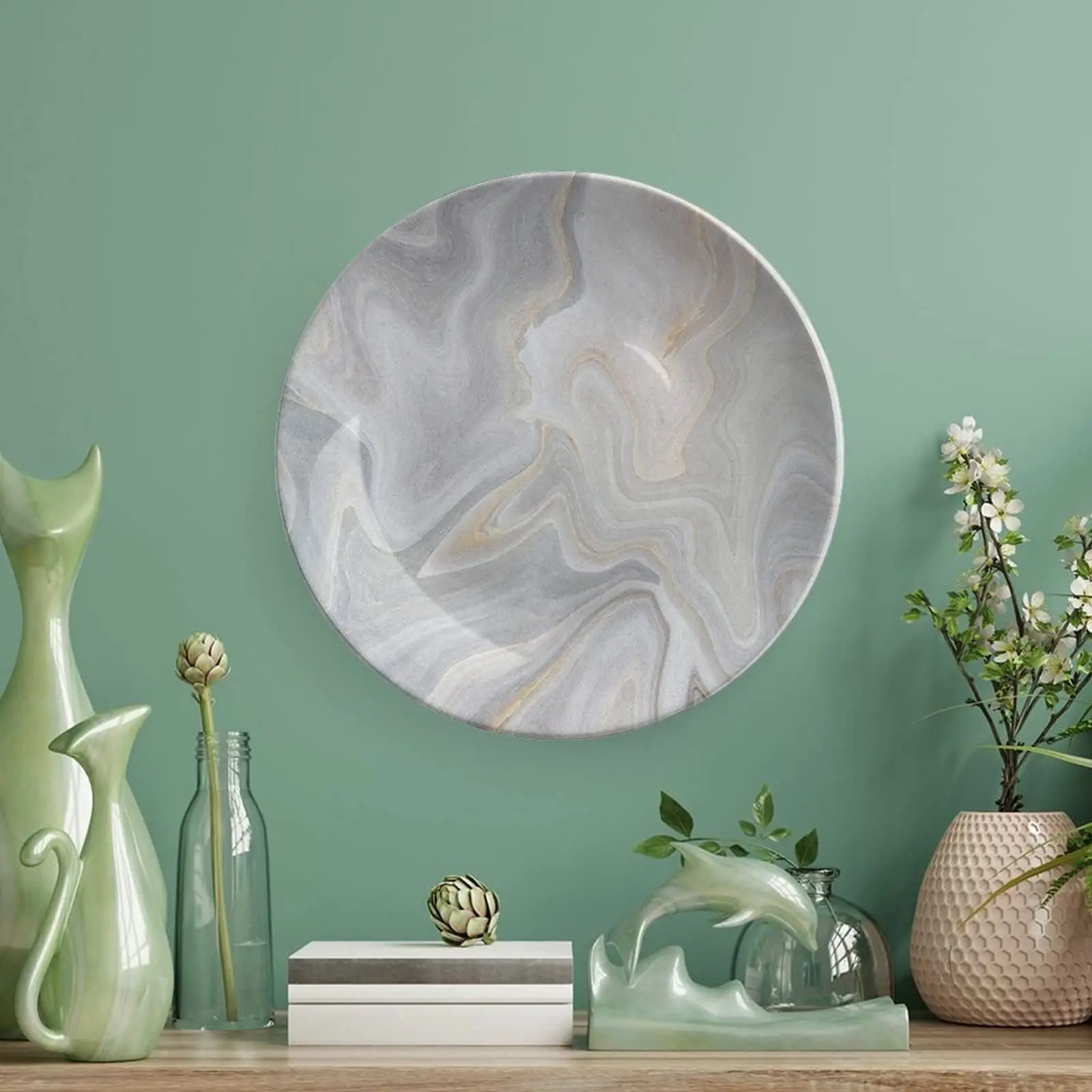 Decorative Plate, Marble Ceramic Plate, Nature Stone Color Splash Paintbrush Technique Vintage Print Ceramic Wall Hanging