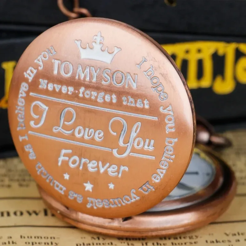 ساعة الجيب ذات موضوع العائلة لابني أفضل هدية منقوشة بطلب قلادة عملية موضة حركة كوارتز سلسلة ساعة على مدار الساعة