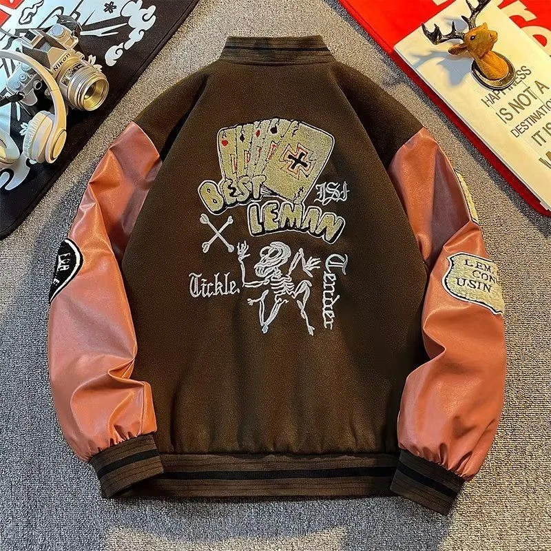 

2025 Spring and Autumn Couple Embroidered Jacket Street Loose Splicing Casual Jacket American Trendy Baseball Jacket