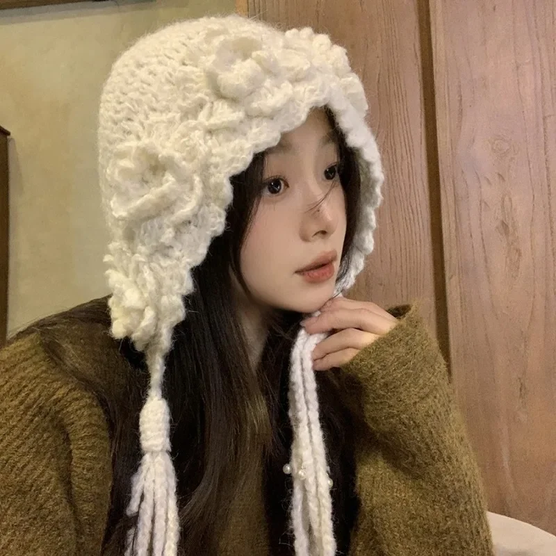 Wool Blended Handmade Knitted Pullover Hats for Women Winter Travel Versatile Ear Protection Warm Sweet Pearl Fringed Beanies