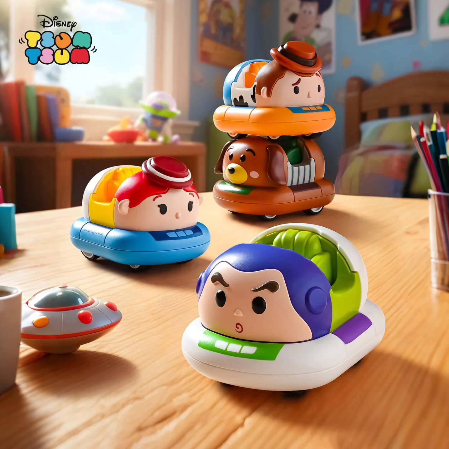 Toy Story Inside Out Mickey Mouse Bumper Car Double Power Car Assembly Model Pull-Back Vehicle Kids Educational Christmas Gift