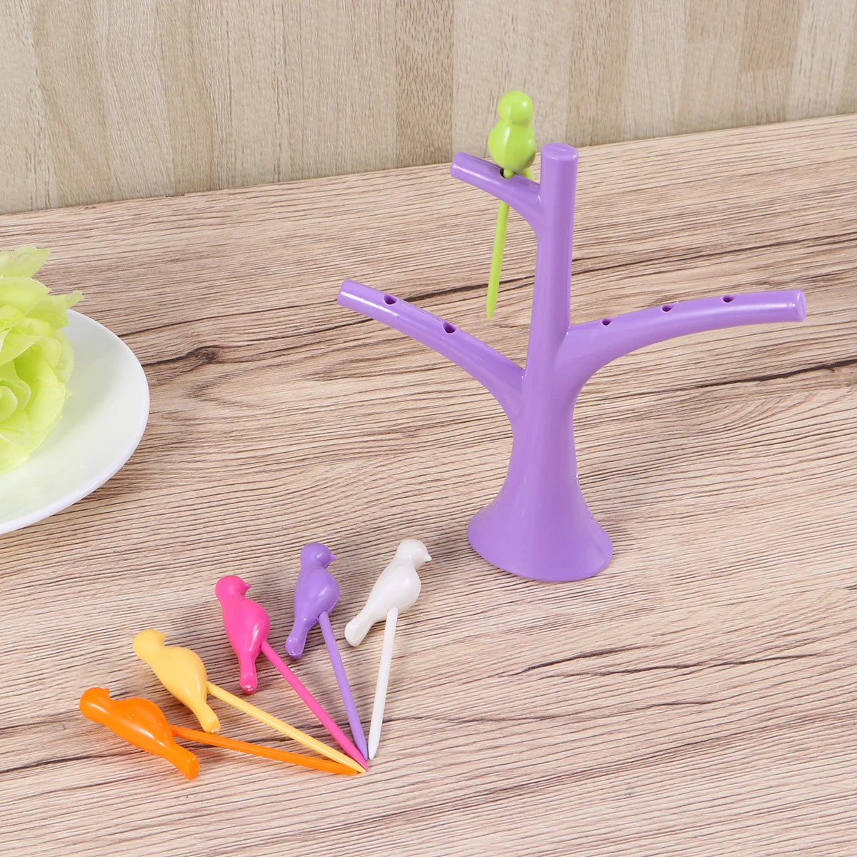 

6pcs Bird Fruit Forks Plastic Dessert Forks Party Charcuterie Board Cake Picks Reusable Non-Toxic With Tree Bracket Home