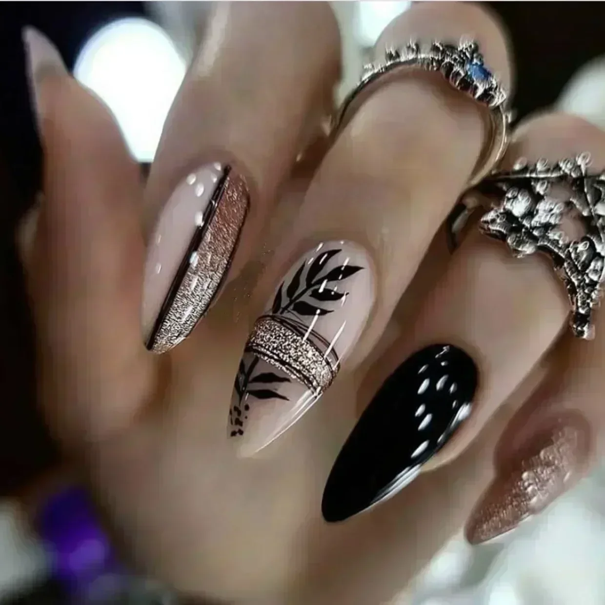 

24Pcs Long Stiletto Press on Nails Box Acrylic False Nails with Almond Designs Black Gold Foil French Full Cover Fake Nail Tips