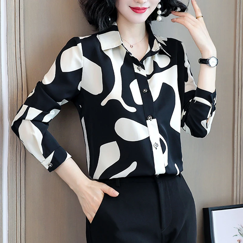 Spring Autumn Women Korean Fashion Satin Print Button Up Shirt Office Lady Elegant Commute Blouse Casual Long Sleeve Loose Tops