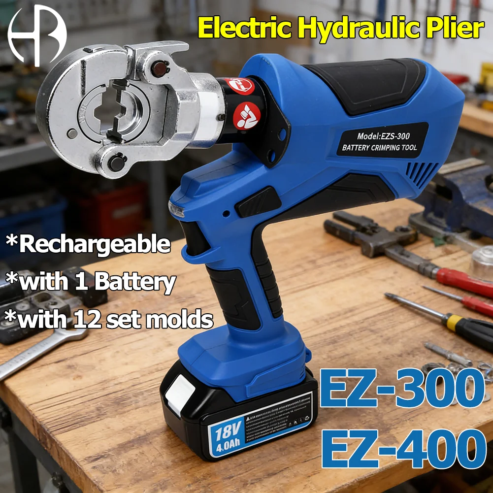

EZ-300 EZ-400 Electric Hydraulic Plier w Battery Handheld Rechargeable Cable Copper Aluminum Terminal Crimping Tool & 12Set Mold