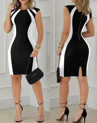 Women's Dress Color Block Round Neck Sleeveless Bodycon Mini Dress 2024 Spring Latest Elegant Zipper Skinny Daily Work Skirt