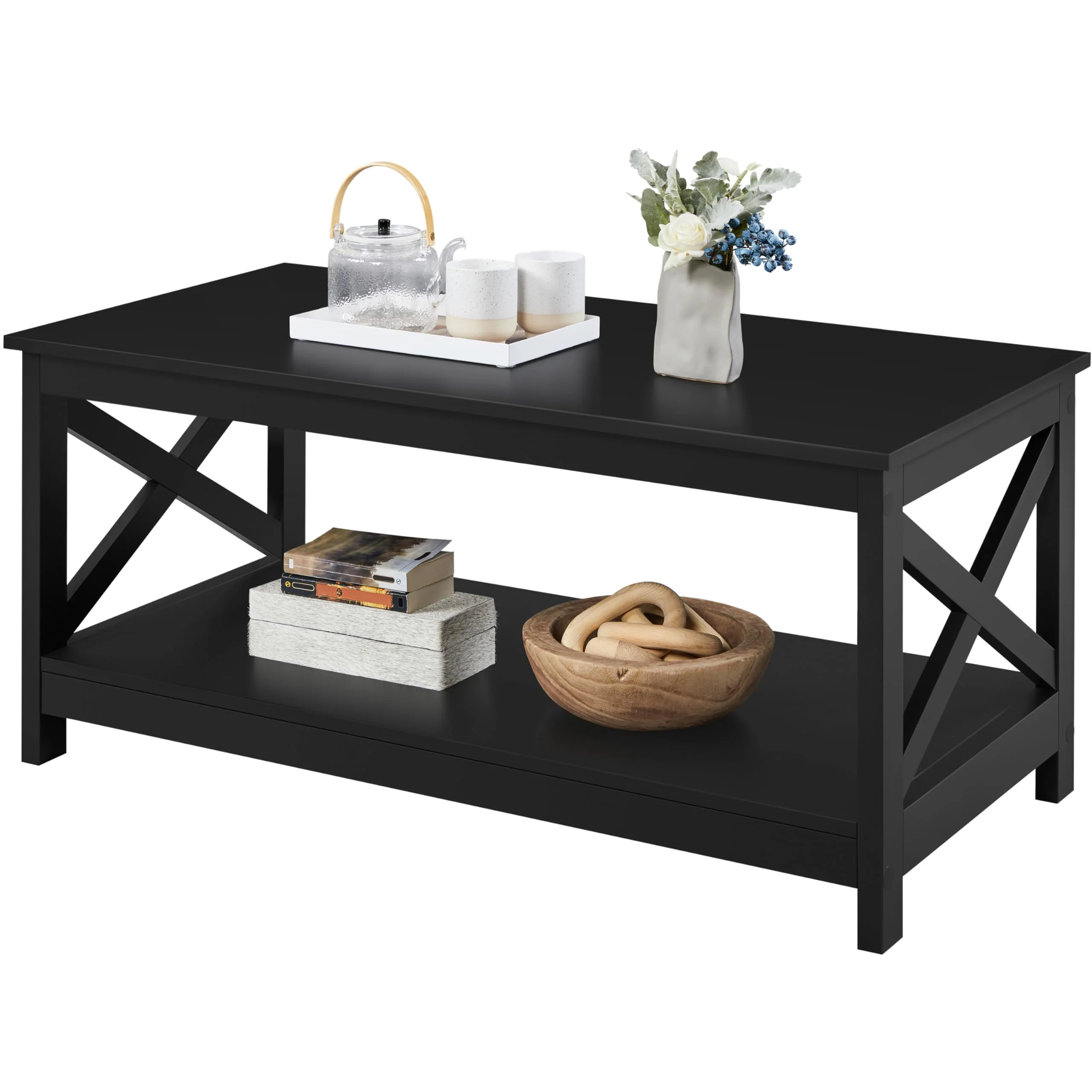 Wooden X Design Coffee Table 2 Tier Storage Shelf for Living Room Bedroom Office, Modern Accent Cocktail Table, Black