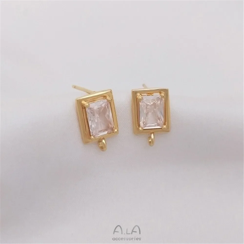 

14K Gold Inlaid Zircon Round Diamond Rectangular Earrings with Hanging Rings 925 Silver Ear Pins DIY Earrings E224