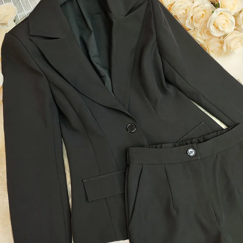 خريف شتاء جديد سترة سوداء تخفيف مجموعات الترفيه سيدة طويلة الأكمام الدعاوى معطف وسراويل مجموعات أنيقة شارع العليا ملابس نسائية