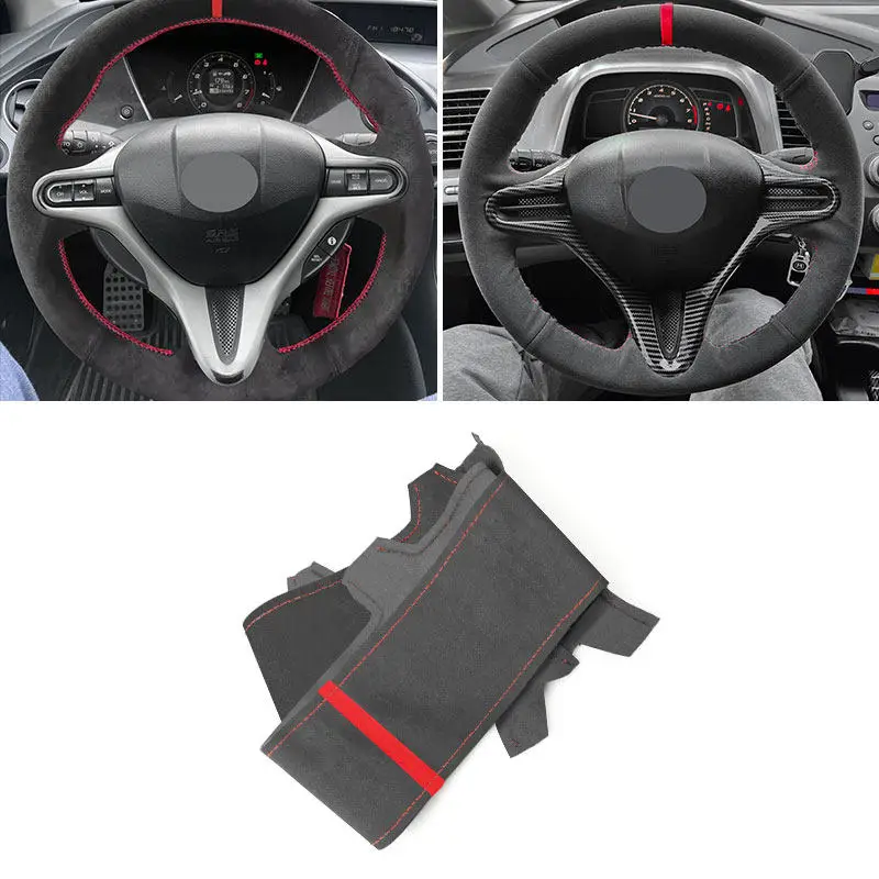 For Honda Civic 8th MK8 2005 2006 2007 2008 2009 2010 2011 Suede Perforated Leather Car Steering Wheel Cover Trim red strip line