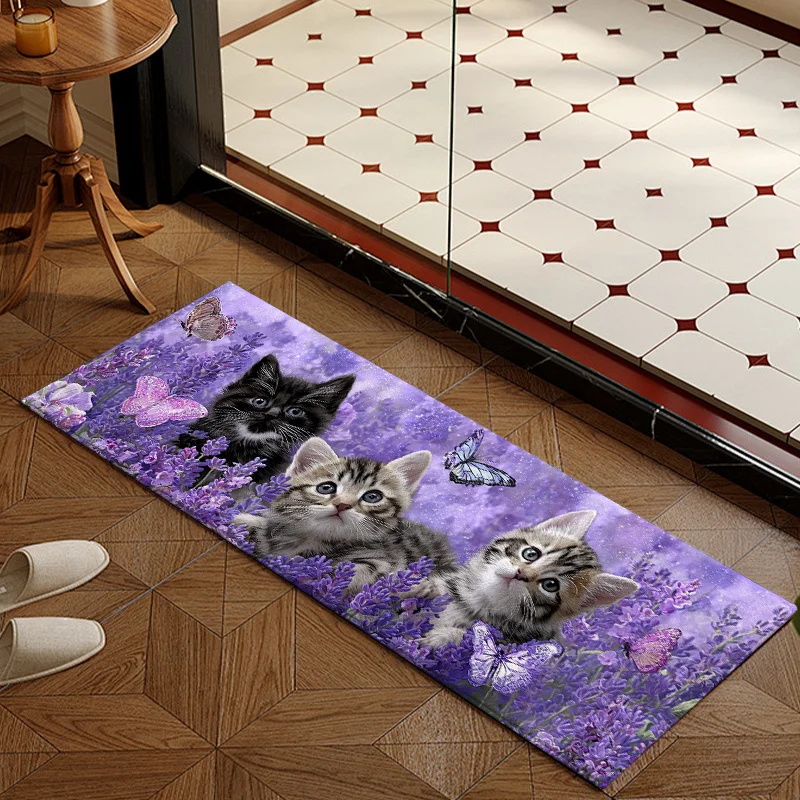 Purple Lavender Kitten Butterfly Runner Mat Anti Slip Absorbent Rug Cute Pet Floral Print Carpet for Bathroom Cooking Laundry