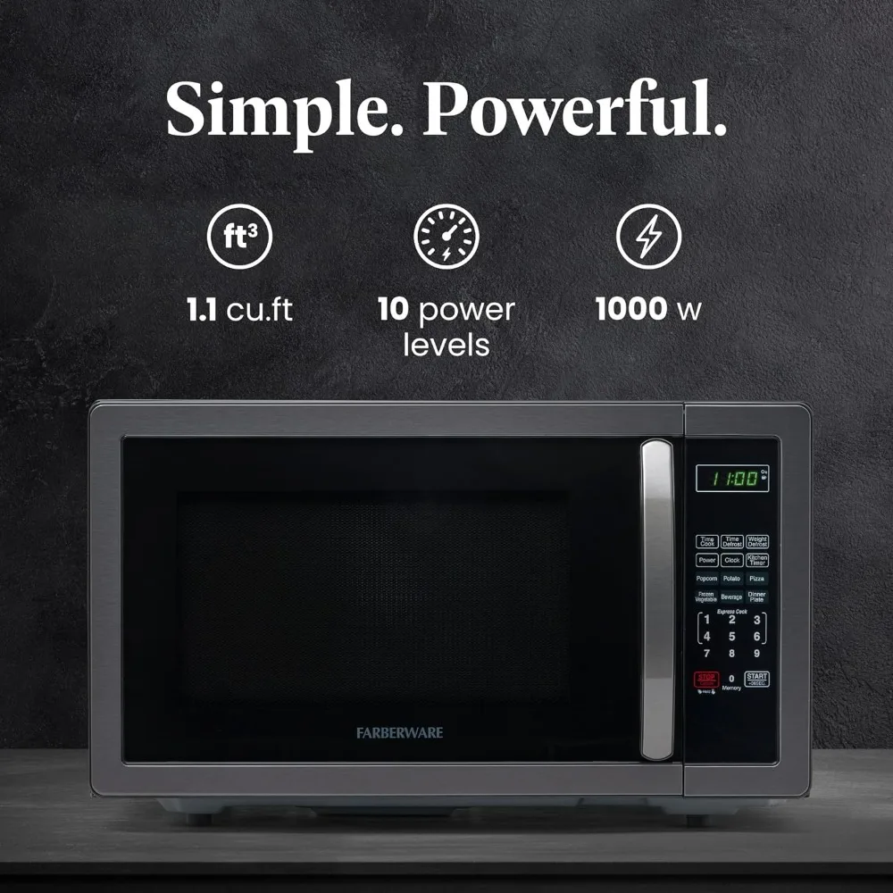 Countertop Microwave 1000 Watts, 1.1 cu ft - Microwave Oven With LED Lighting and Child Lock - Perfect for Apartments and Dorms