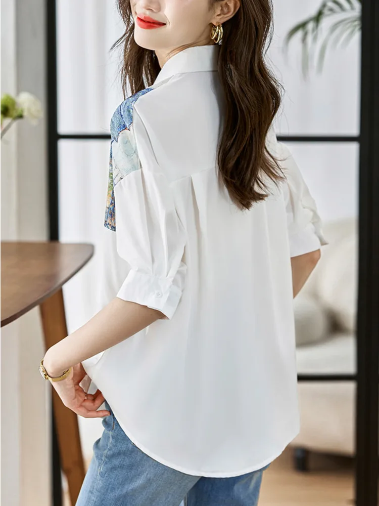 #3141 White Shirt Women Loose Printed Chiffon Shirts Blouse Femme Half Sleeve Thin Sexy Vintage Womens Tops And Blouses Summer