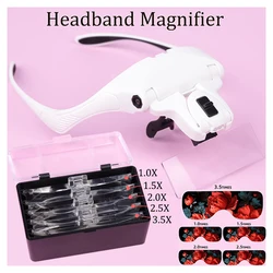 5 Lens Adjustable Headband Magnifying Crafts Eyelash Extensions Glass Magnifier 2 LED Light Lamp Magnifying Glasses False Lashes