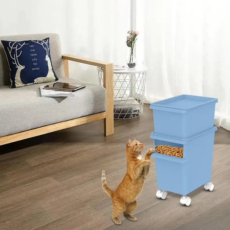 

Pet Food Bin Pet Food Storage Treat Dispenser Container Stackable Cat Dry Food Storage Box With Wheels For Cat Food