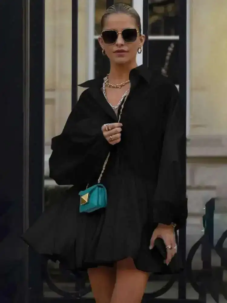 Babyoung 2025 nova camisa de algodão amarelo feminino lapela gola puff mangas a linha plissado casual acima do joelho vestido doce