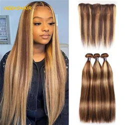 Highlight 4/27 3 Bundles With 13x4 Frontal Weave Straight Remy 100% Brazilian Human Hair Honey Blonde 3 Bundles With 4X4 Closure