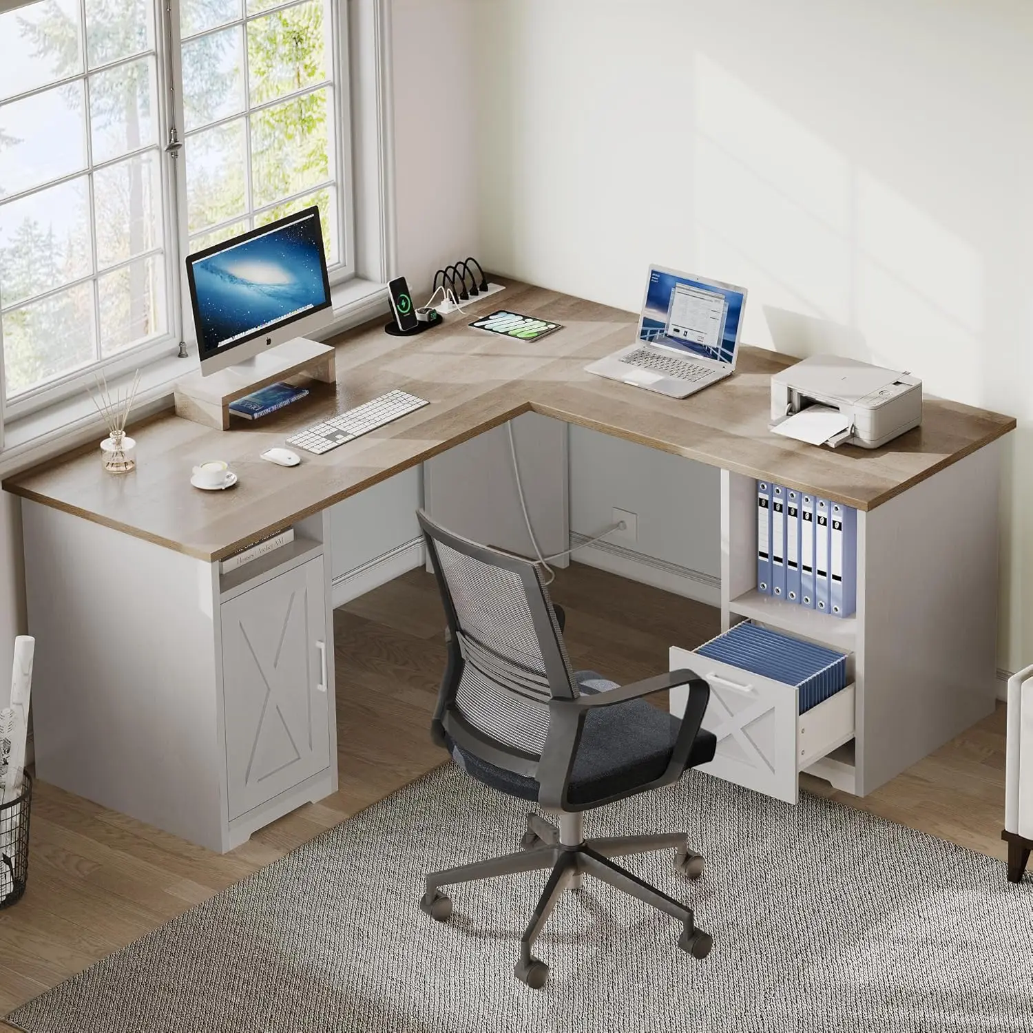 L Shaped Desk with Power Outlets 60 Inch Computer Corner Desk with File Drawer Home Office Desk with Monitor Stand