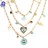 Lucky Eye Heart Star Fatima Hand Round Pendant Necklace Copper Turkish Evil Eye Necklace for Women Girls Men Jewelry BE1078