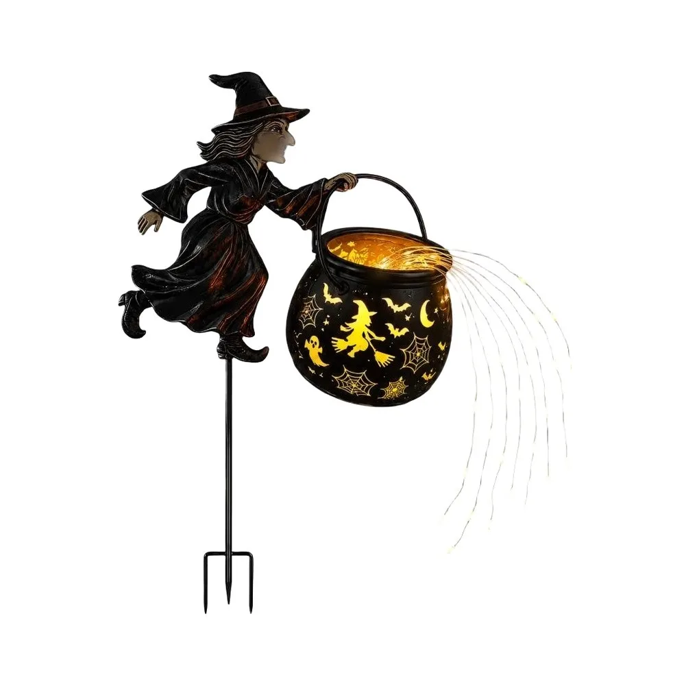 Wrought Iron Halloween Light Fixture Featuring Flying Witch Glowing Cauldron and Multicolor LED Light Spill Effect
