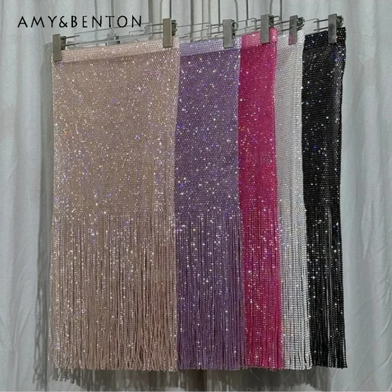 

Женская одежда: Юбка с высокой талией, Зима 2026, Ранняя осень, Новинка, Элегантная, Легкий люкс, Сложная вышивка, Пайетки, Бахрома, Юбка миди