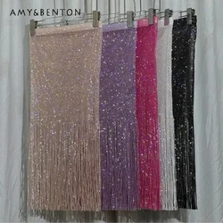 Women's Clothes High Waist Skirt Winter 2026 Early Autumn New Socialite Light Luxury Heavy Embroidery Sequins Tassel Midi Skirts