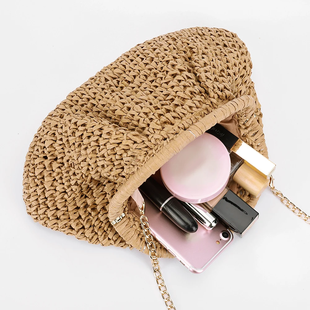 Sac tissé en paille pour femmes, pochette en paille avec sangle en chaîne, sac à coque à la mode et décontracté, sac à bandoulière pour voyage en plein air