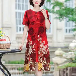 Commute Vintage Printed Folk Dresses Summer Short Sleeve Women's Clothing Chic Chinese Disc Buckle Casual Round Neck Midi Dress