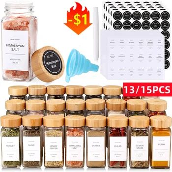 12/13pcs Glass Spice Jars with Bamboo Airtight Spice Organizer Containers Seasoning 120ml…