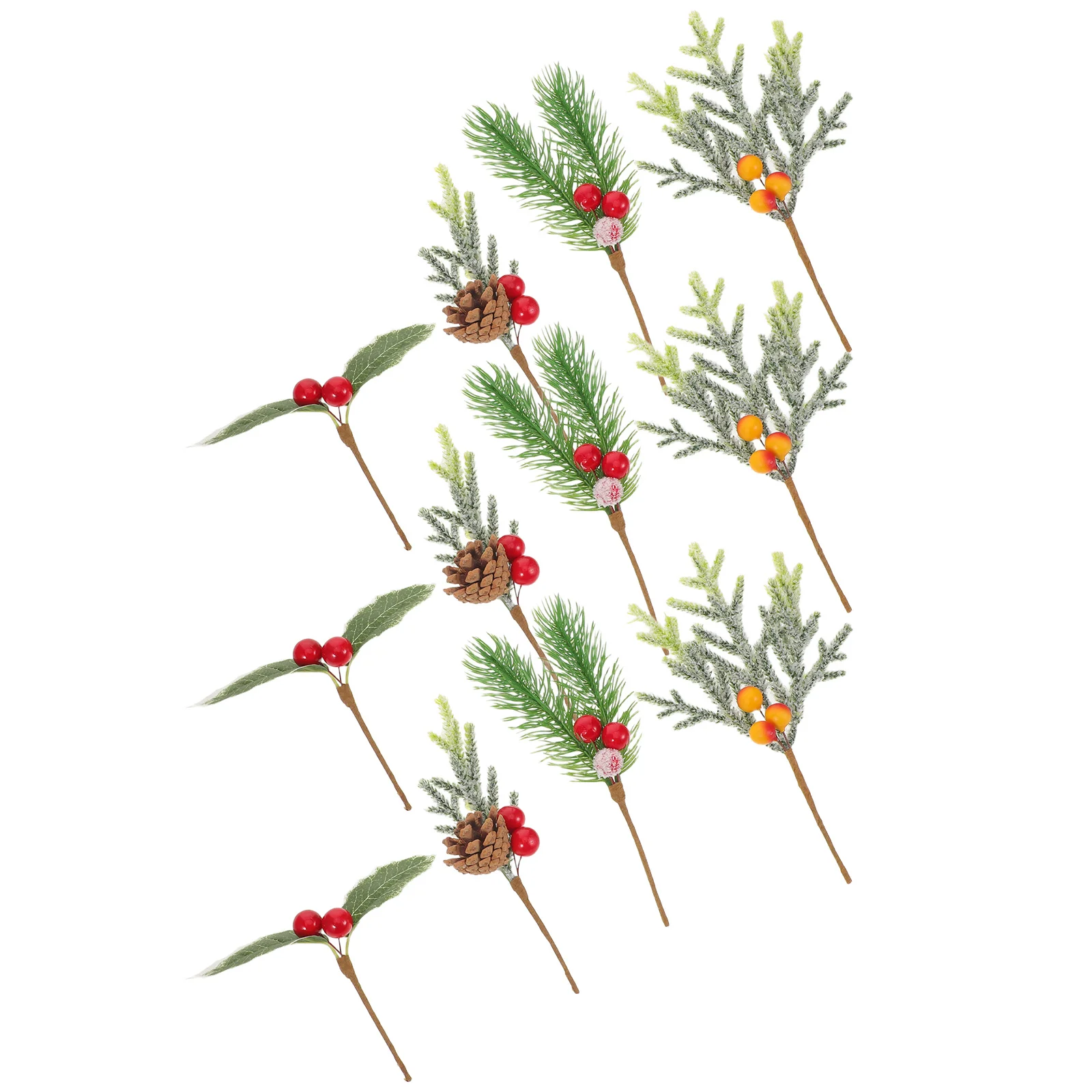 

12Pcs Holiday Decor Picks: Snow-Tipped Artificial Pine Branches with Bright Red Berry Stems and Pine Cones for Christmas Tree