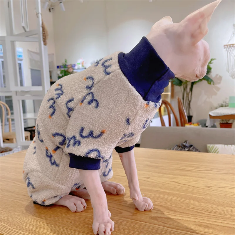 Plush Belly-wrapped Four-legged Sweater for Hairless Cat in Winter Cute Grey-Blue Warm Coat for Sphynx Devon Rex Autumn Pajamas