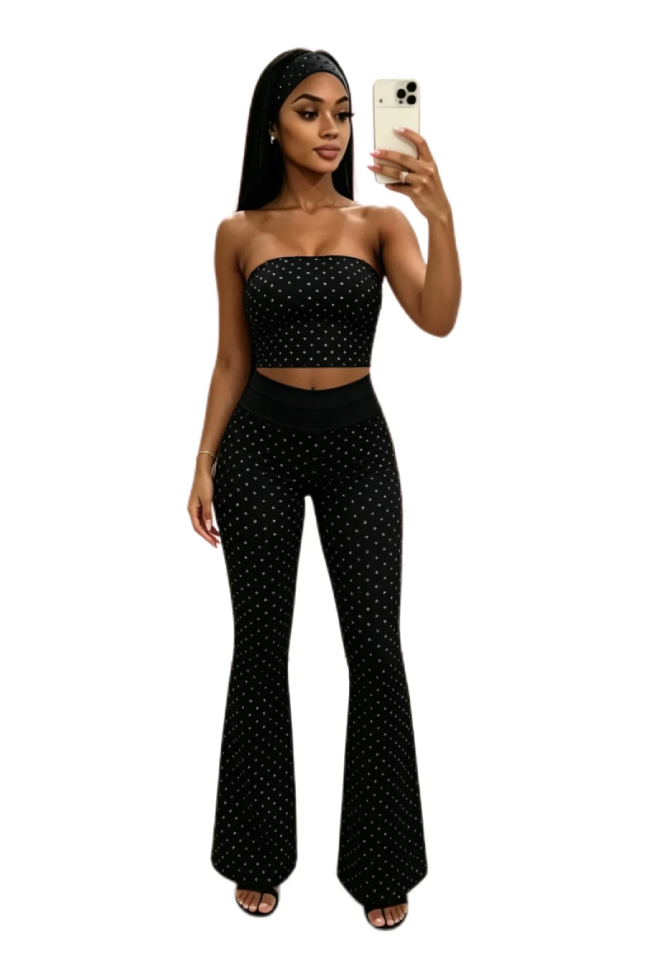 Personalized LOGO customized women's fashion polka dot tube top high waist micro-speaker three-piece set (including headscarf)