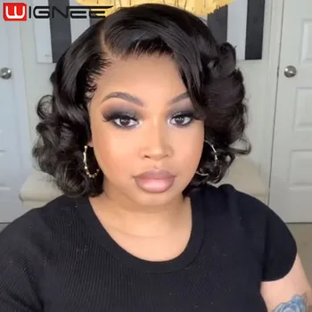 Wignee妖精ショートウィッグ人工毛実体波かつらサイド部分のレースのかつら自然な髪のかつら女性黒かつら耐熱