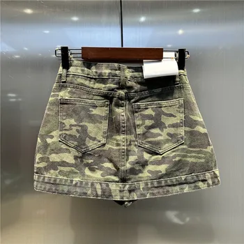 American Single Breasted Camouflage Denim Skirt Women 2024 Summer Asymmetry A Line Hip Wrapped Mini Skirt Street Fashion 4