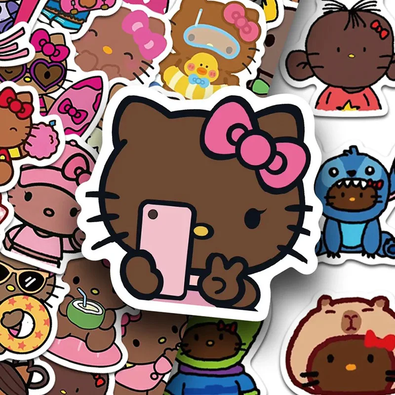 Cute Hello Kitty Toys Stickers Kawaii Sanrio Cartoon Black Skin KT Cat Phone Notebook Ice Box Waterproof Stickers Kids Girl Gift