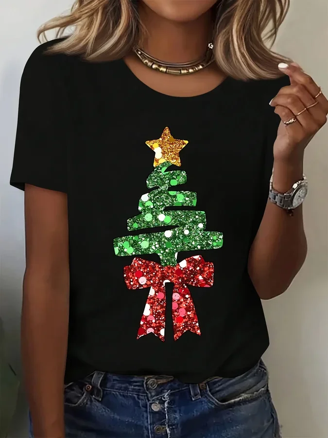 2026 Women Plus Size Holiday Party T-Shirt, Glitter Christmas Tree With Red Bow Graphic Print Tee, Casual Loose Short Sleeve Basic Tops For Summer & Winter Christmas Outfit