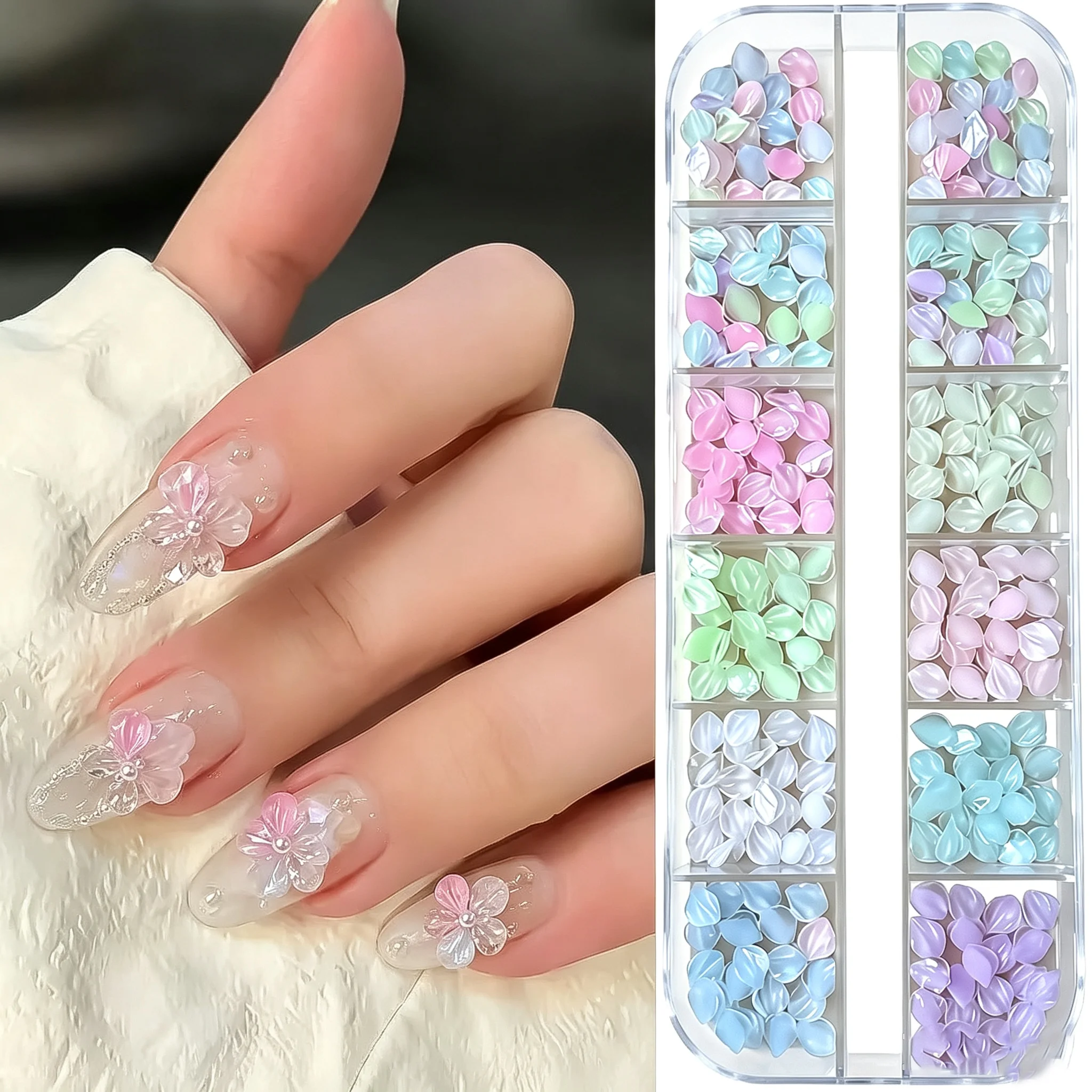 12 Grid Mixed Color Petal Nail Charms Dopamine Icy Crystal Five Petal Flower Spliced Manicure Accessories Nail Art Decorations