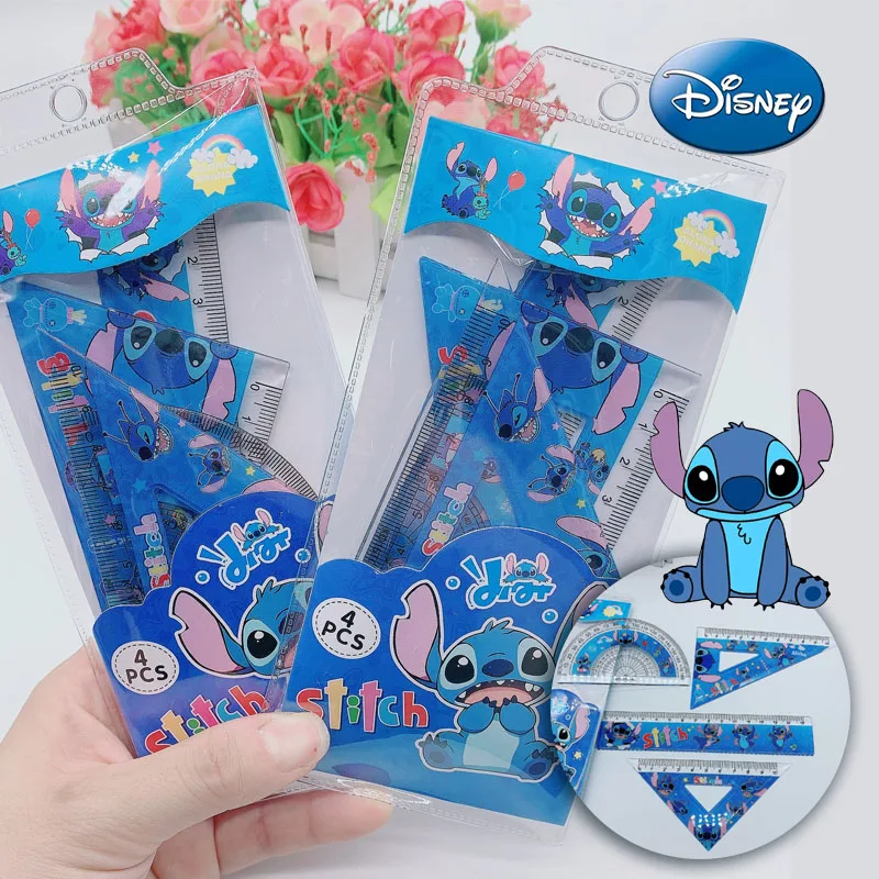 

Disney Stitch Cute Cartoon Frozen 4pcs Metal Drafting Set with Storage Bag Students Measure Ruler Set Multi-Function Protractor