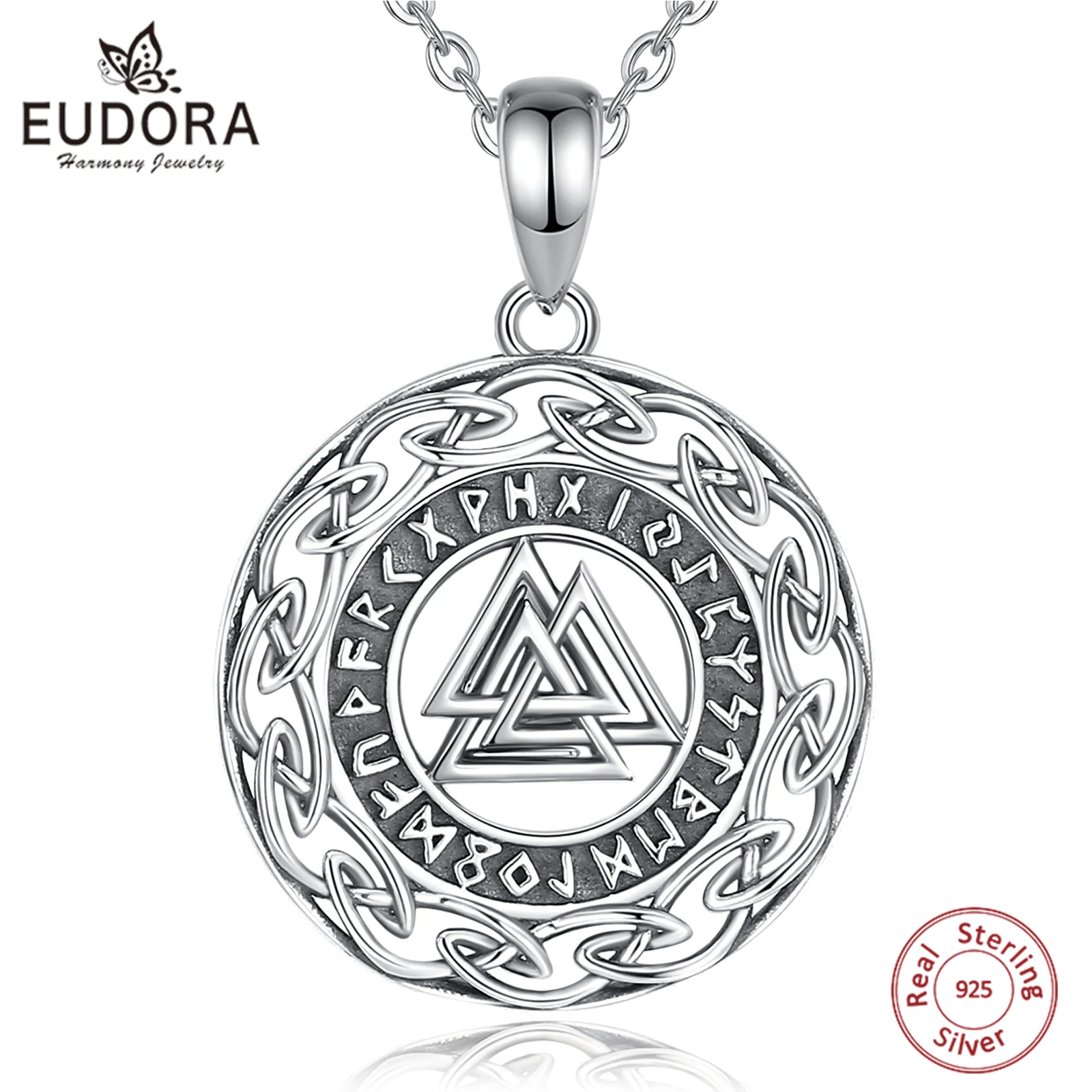 

Eudora 925 Sterling Silver Viking Amulet Pendant for Man Women Nordic Runes Valknut Odin's Necklace Man Jewelry Witch Knot Gift