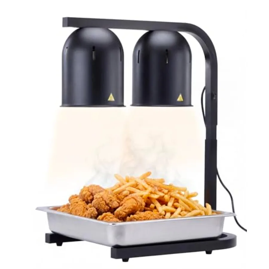 Commercial food warmer with 500W Teflon-coated heat lamp for fast, even heating; black adjustable-height stand for home, restau