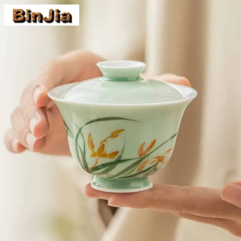 80Ml Hand-Painted Orchid Gaiwan Aesthetic Bluish Green Galze Tea Tureen Zen Maker Cover Bowl Cafes Accessories Ornaments